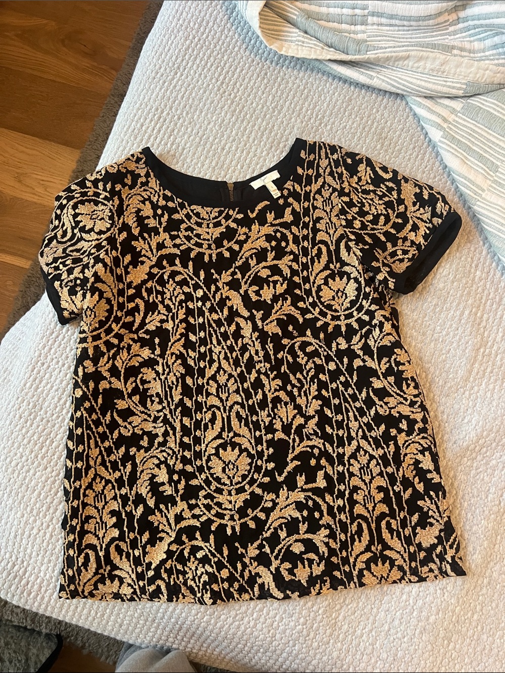 Joie Black Short Sleeve Top with Gold Embroidered Paisley